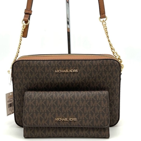 Michael Kors Large EW Crossbody Bag & Large Trifold Wallet Brown/ Gold - Picture 1 of 13